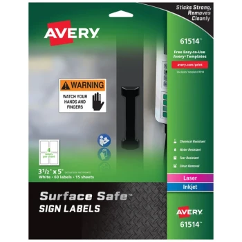 Avery® 61514 Surface Safe 3 1/2" x 5" Rectangle Water and Chemical Resistant Sign Labels - 60/Pack