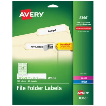 Avery® 08366 TrueBlock 2/3" x 3 7/16" Matte White Permanent Printable File Folder Label - 750/Pack