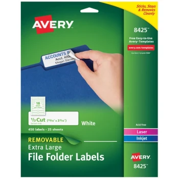 Avery® 08425 15/16" x 3 7/16" White Rectangle 1/3 Cut Extra-Large File Folder Labels - 450/Pack