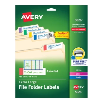 Avery® 5026 15/16" x 3 7/16" Assorted Color X-Large Top Tab 1/3 Cut File Folder Labels - 450/Pack