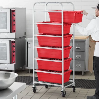 Regency Mobile Aluminum Lug Rack - 6 Lug Capacity - with Red Meat Lugs / Tote Boxes - Unassembled