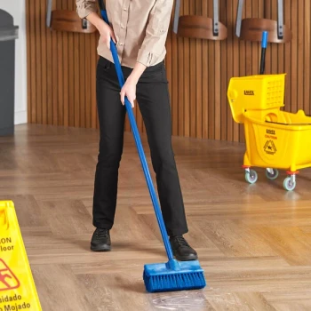 Lavex 10" Blue Bi-Level Floor / Wall Scrub Brush with Blue 60" Metal Handle
