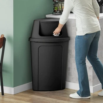Lavex 21 Gallon Black Corner Round Trash Can with Black Push Door Lid