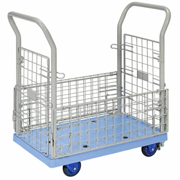 Vestil TRP-1827-M-FB 18" x 26 1/2" Lightweight Blue Plastic Platform Truck with Mesh Sides and Foot Brake - 330 lb. Capacity