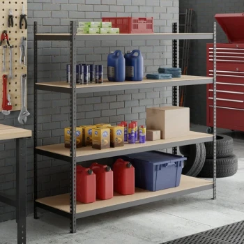 Lavex Pro 24" x 72" Black Heavy-Duty Beam 4-Shelf Boltless Double Rivet Particle Board Shelving Unit with 72" Uprights