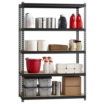 Hirsh 20993 48" x 18" x 72" Black Crinkle Heavy-Duty Five-Shelf Boltless Shelving Unit with Particleboard Decking