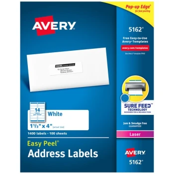 Avery® 5162 1 1/3" x 4" White Easy Peel Mailing Address Labels - 1,400/Box