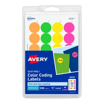 Avery® 05474 3/4" Assorted Neon Color Round Removable Write-On / Printable Labels - 1,008/Pack