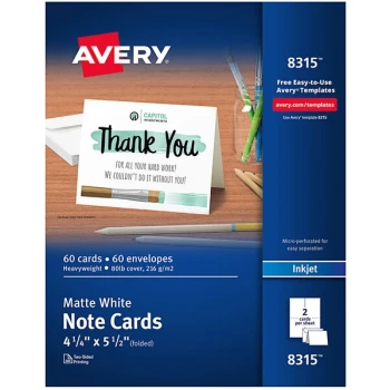 Avery® 08315 4 1/4" x 5 1/2" Printable Matte White Two-Sided Note Card with Envelope - 60/Box