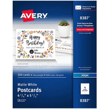 Avery® 08387 4 1/4" x 5 1/2" Matte White Printable Two-Sided Postcard - 200/Box