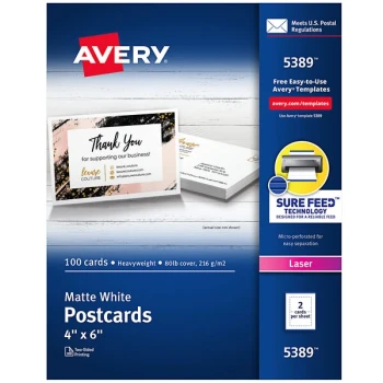Avery® 5389 4" x 6" White Printable Postcards - 100/Pack