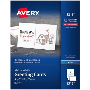 Avery® 8316 5 1/2" x 8 1/2" Matte White 85 lb. Half-Fold Ink Jet Greeting Card with Envelope - 30/Box