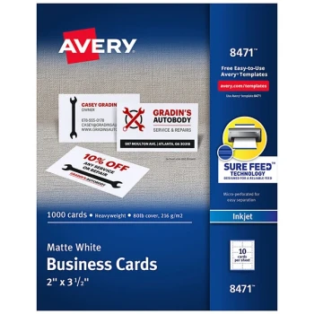 Avery® 08471 2" x 3 1/2" Matte White Micro Perforated Two-Sided Business Card - 1,000/Box