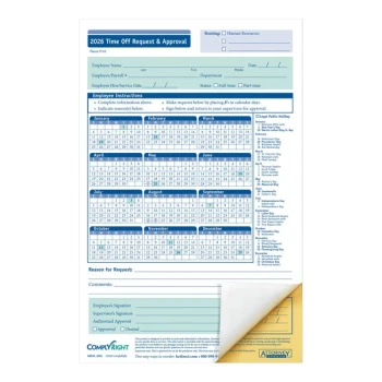 ComplyRight 5 1/2" x 8 1/2" 2026 2-Part Time Off Request and Approval Form A0045 - 50/Pack