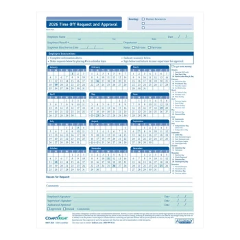ComplyRight 8 1/2" x 11" 2026 1-Part Time Off Request and Approval Form A0037 - 50/Pack