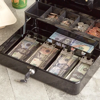 PointPlus 11 3/4" x 9 7/8" x 3 3/8" Black Cash Box with Tiered Coin Tray