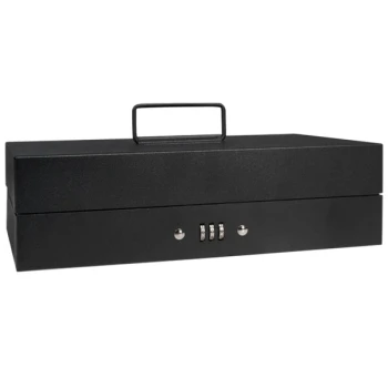 Barska CB11794 11 3/8" x 7 5/8" x 3 3/8" Black Steel Cash Box with Bill Holder, Removable Tray, and Combination Lock