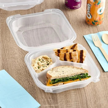 Genpak Clover 8" x 8" x 3" Microwavable 3-Compartment Clear Plastic Hinged Container - 150/Case