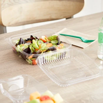 World Centric Clear Compostable PLA Hinged Clamshell Container 8" x 8" x 3" - 300/Case