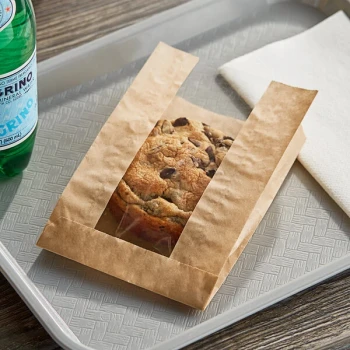 Bagcraft Packaging 300114 5" x 1 1/2" x 7" EcoCraft Kraft Grease Resistant Single Serve Window Cookie Bag - 500/Case