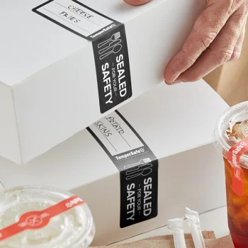Choice TamperSafe 1 1/2" x 6" Sealed For Your Safety Black Paper Tamper-Evident Label - 250/Roll