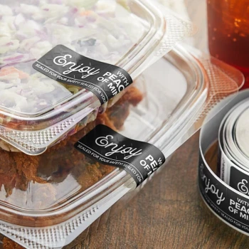 Choice TamperSafe 1" x 3" Enjoy With Peace Of Mind Black Paper Tamper-Evident Label - 250/Roll