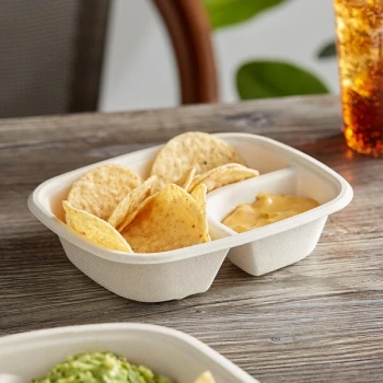 World Centric 7" x 5 1/4" Compostable Fiber 2-Compartment Nacho Tray with Leaf Plus - 600/Case