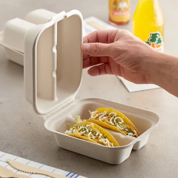 World Centric 2-Compartment Compostable Fiber Taco Clamshell 8" x 5" x 3" - 300/Case
