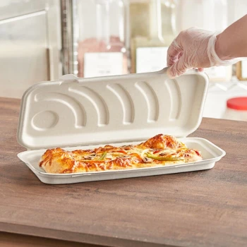 World Centric 13 1/2" x 6 1/2" x 1 1/4" Compostable Fiber Flatbread Clamshell Container - 200/Case