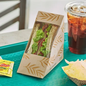 World Centric Sandwich Wedge Container with PLA Window 4 7/8" x 2 7/8" x 4 7/8" - 500/Case