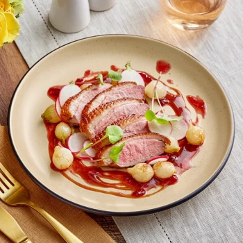 Acopa Embers 9 1/2" Harvest Tan Matte Coupe Stoneware Plate - Sample