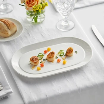 Acopa Liana 12" x 7 1/4" Bright White Embossed Lines Wide Rim Porcelain Platter - Sample