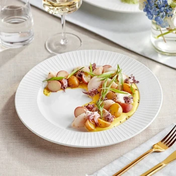Acopa Cordelia 12" Bright White Embossed Wide Rim Porcelain Plate - Sample