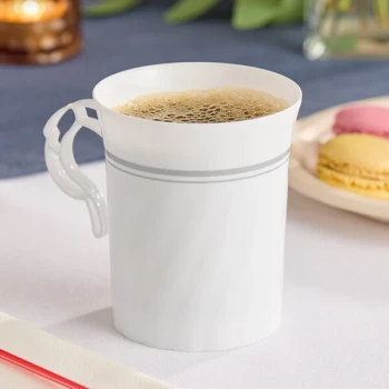 WNA Comet CWM8192WSLVR 8 oz. White Plastic Masterpiece Coffee Cup with Silver Accents - 8/Pack