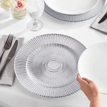 Acopa 13" Round Silver Sunburst Glass Charger Plate - Sample
