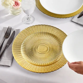 Acopa 13" Round Gold Sunburst Glass Charger Plate - Sample