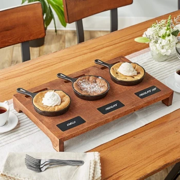 Valor Appetizer / Dessert Sampler with (3) 5" Mini Cast Iron Skillets, 18 1/2" x 11" x 2 1/2" Rustic Chestnut Finish Display Stand, and Chalk