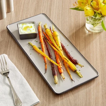 Acopa Apollo 14" x 6 1/4" Matte Gray and Black Rectangular Melamine Tray - 12/Pack