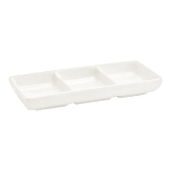 Front of the House Catalyst 3 oz. European White Triple Compartment Rectangular Porcelain Sauce Dish - 12/Case