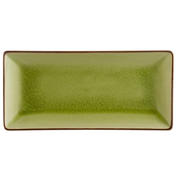 CAC 666-13-G 11 1/2" x 6 1/2" Japanese Style Rectangular Stoneware Plate - Black Non-Glare Glaze / Golden Green - 12/Case