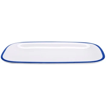 GET Settlement Bistro 11 3/4" x 7 3/4" White Enamelware Rectangular Melamine Dinner Platter with Cobalt Blue Trim - 12/Case