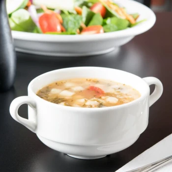 Tuxton ASU-044 San Marino AlumaTux Pearl White (European White) 10.5 oz. China Stackable Soup Cup With Handle - 24/Case