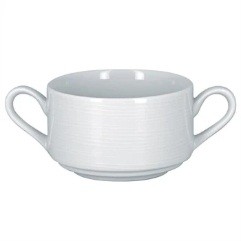 RAK Porcelain Helm 10.15 oz. Bright White Embossed Round Stackable Porcelain Bouillon Cup with Handles - 12/Case
