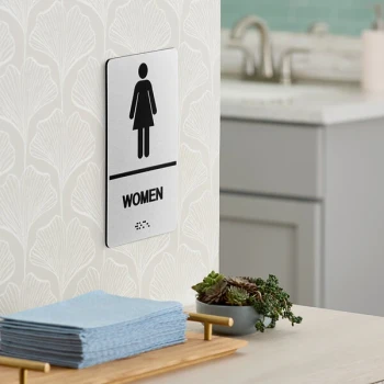 Lavex 9" x 6" Black / Silver Aluminum Composite Material Women's Restroom Sign with Braille