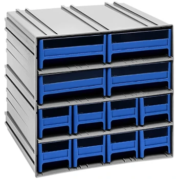 Quantum 11 3/8" x 11 3/4" x 11" Interlocking Storage Cabinets with 8 Blue Compact Drawers and 4 Large Drawers with Windows QIC-8143BL