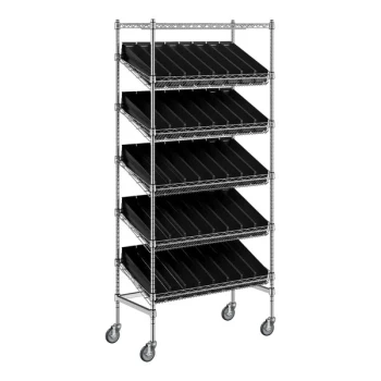 Regency 18" x 36" Mobile Slanted Chrome Shelf Unit with 40 Black Bins