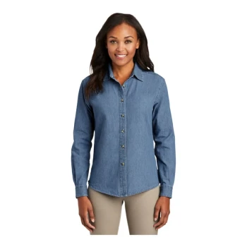 Port & Company LSP10 Women's Customizable Faded Blue Long Sleeve Denim Button-Down Shirt - 2X