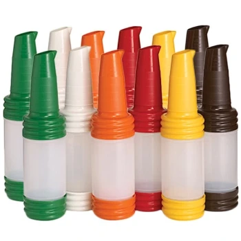 TableCraft N32VA PourMaster 1 Qt. Assorted Color Plastic Bottle with V-Neck Top and StorMaster Cap - 12/Pack