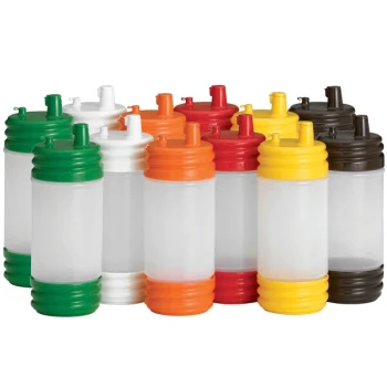 TableCraft N32LPA PourMaster 1 Qt. Assorted Color Plastic Bottle with Low Profile Top and Cap - 12/Pack