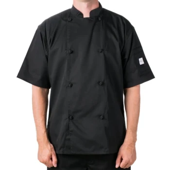 Mercer Culinary Genesis® Unisex Lightweight Black Short Sleeve Chef Jacket with Cloth Knot Buttons M61022BK - L